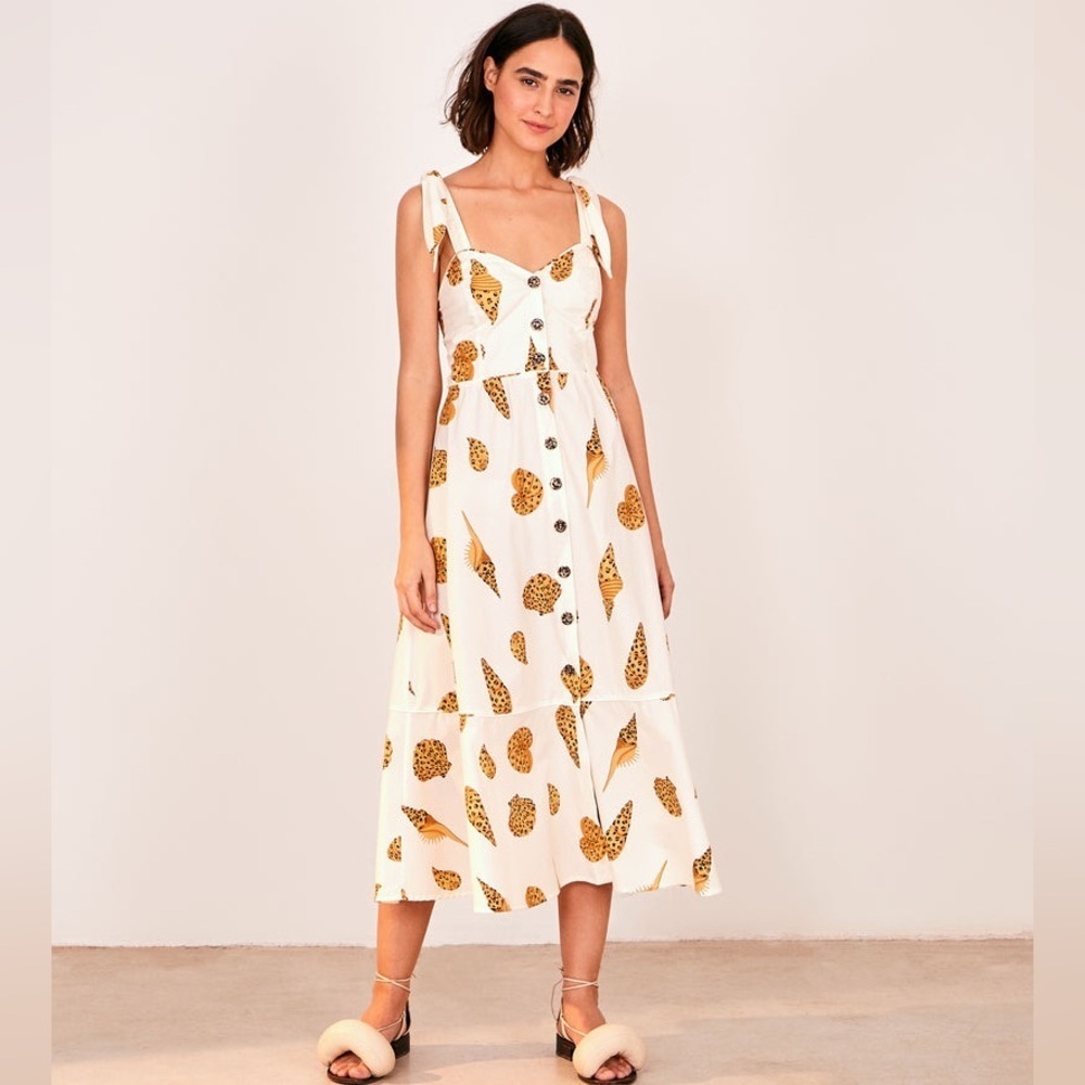 K1. Farm Rio Leopard Shell Midi Dress Sleeveless Button Front Resort Beach